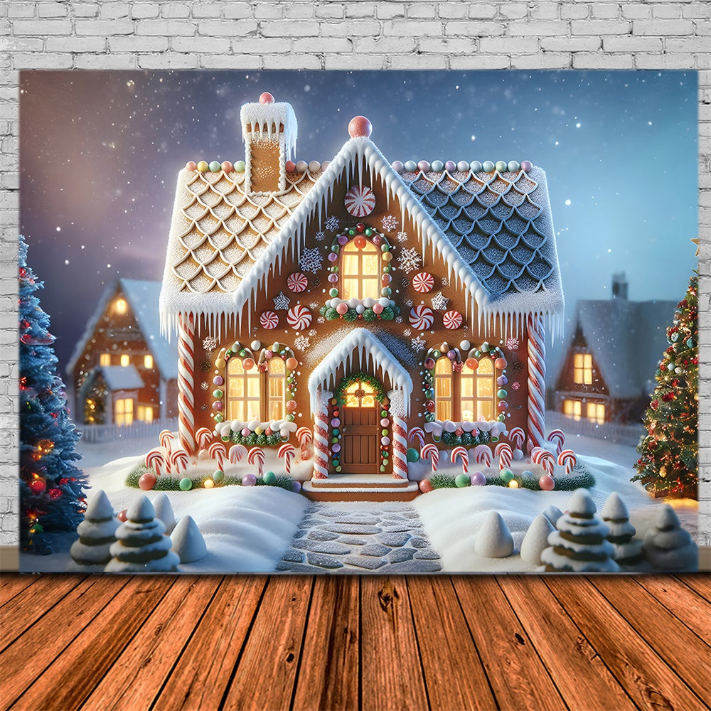 Toile de fond de Maison en Pain d'Épice avec Canne en Sucre de Noël RR7-880
