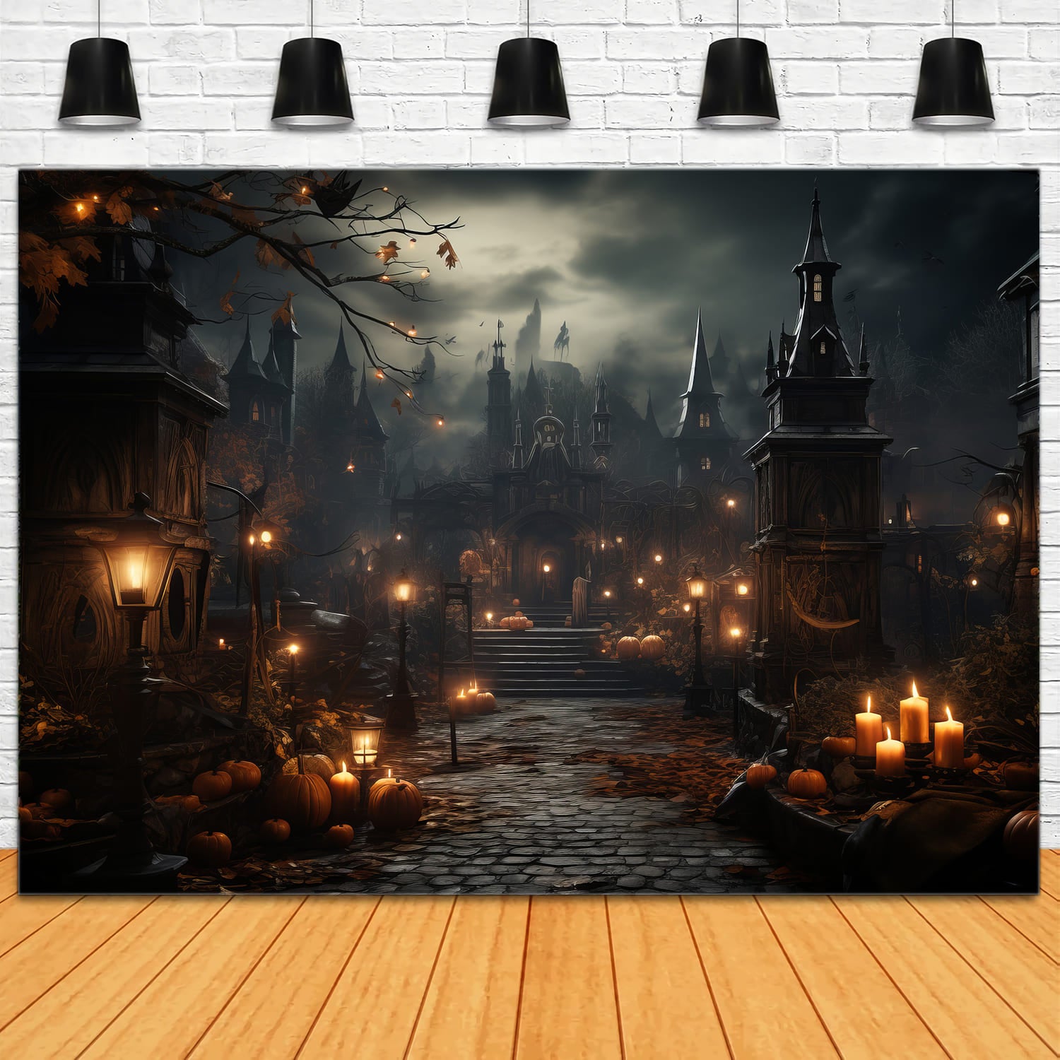 Toile de Fond de Bougies et Citrouilles de Château Gothique d'Halloween RR7-91