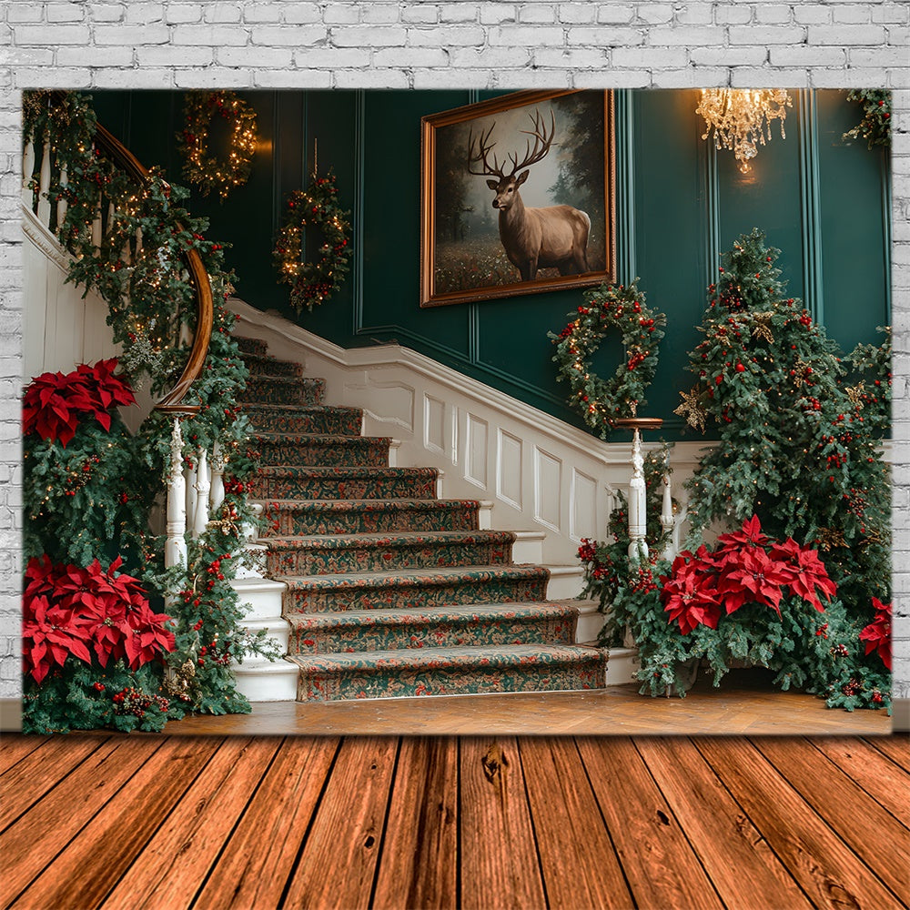 Toile de fond Escalier Sapins et Fleurs de Noël RR8-106