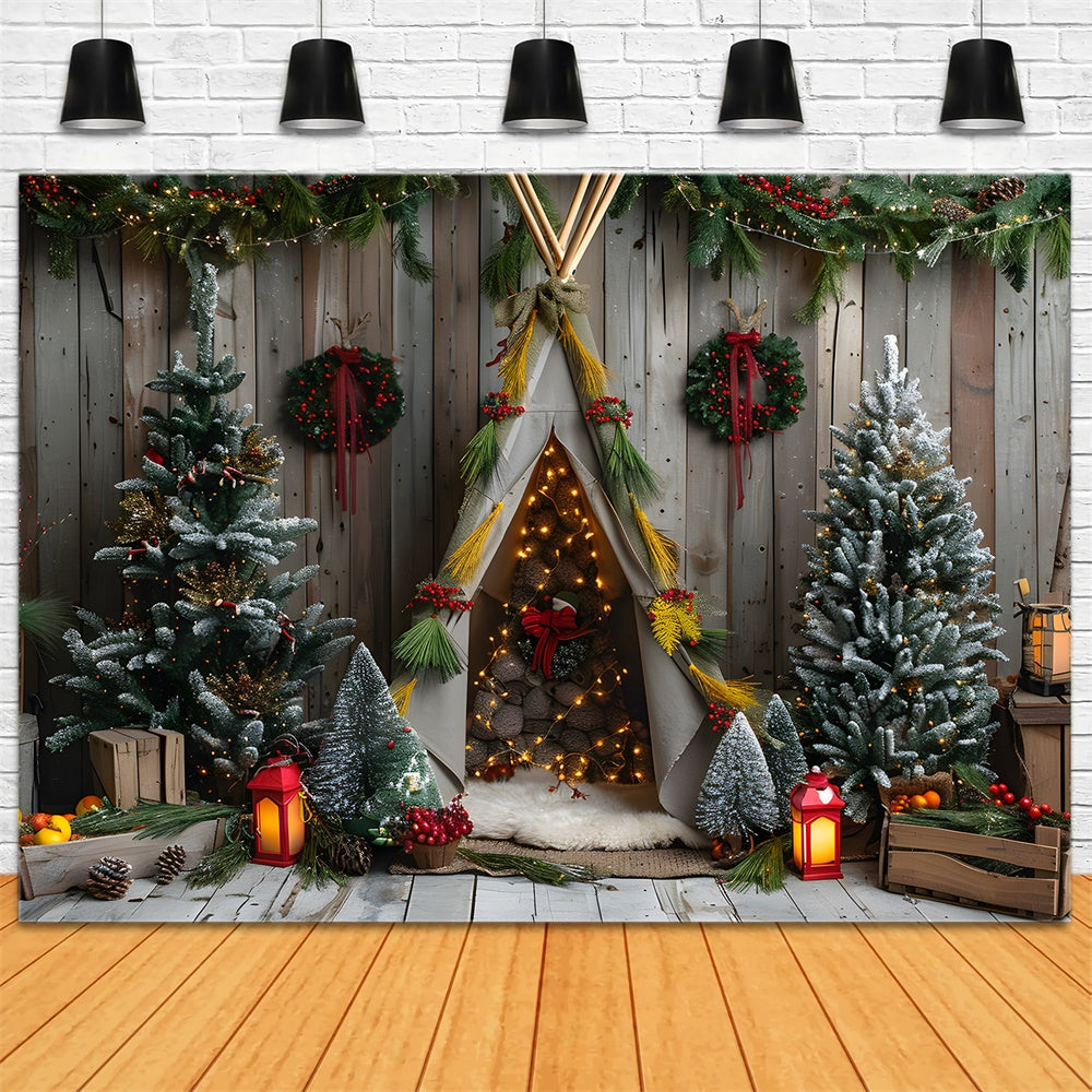 Toile de fond Sapins de Noël Couronne Petite Tente RR8-11
