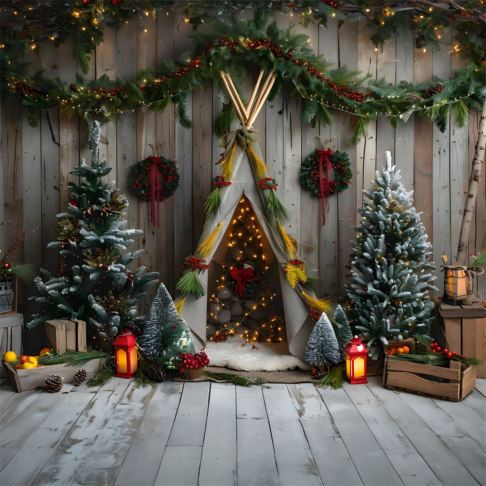 Toile de fond Sapins de Noël Couronne Petite Tente RR8-11