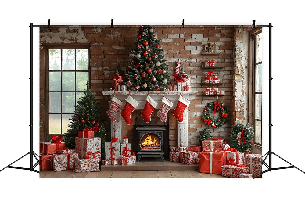 Toile de fond Cadeaux Chaussettes Cheminée de Noël RR8-112