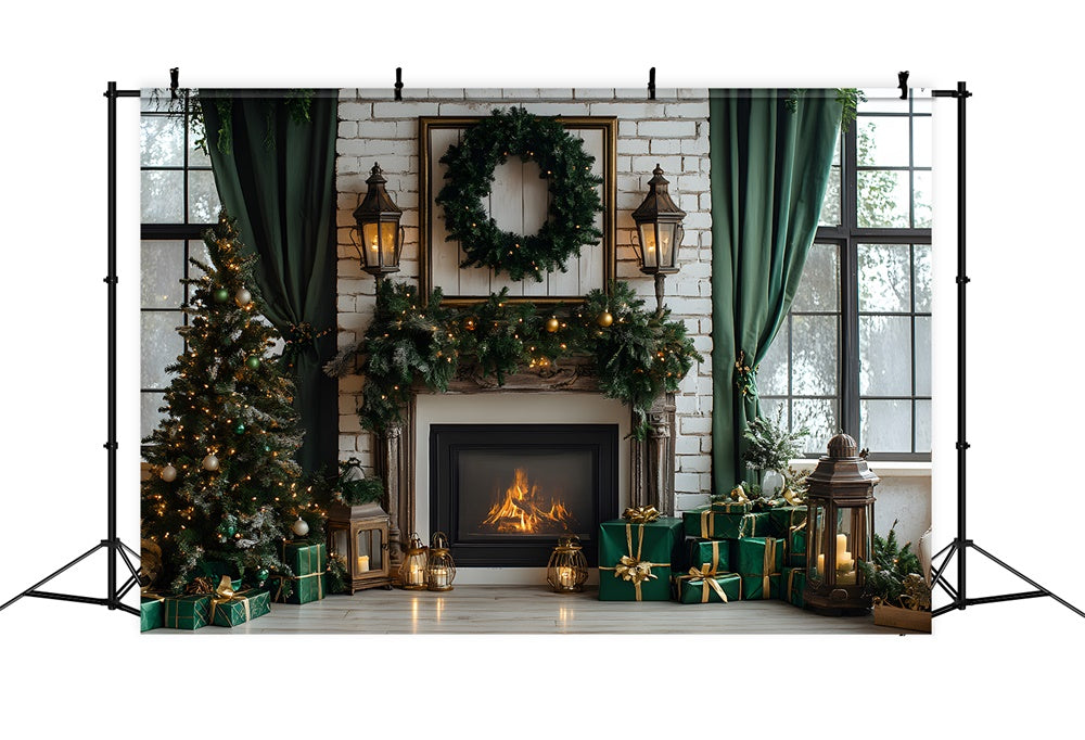 Toile de fond Fenêtre Cheminée Sapins de Noël RR8-120