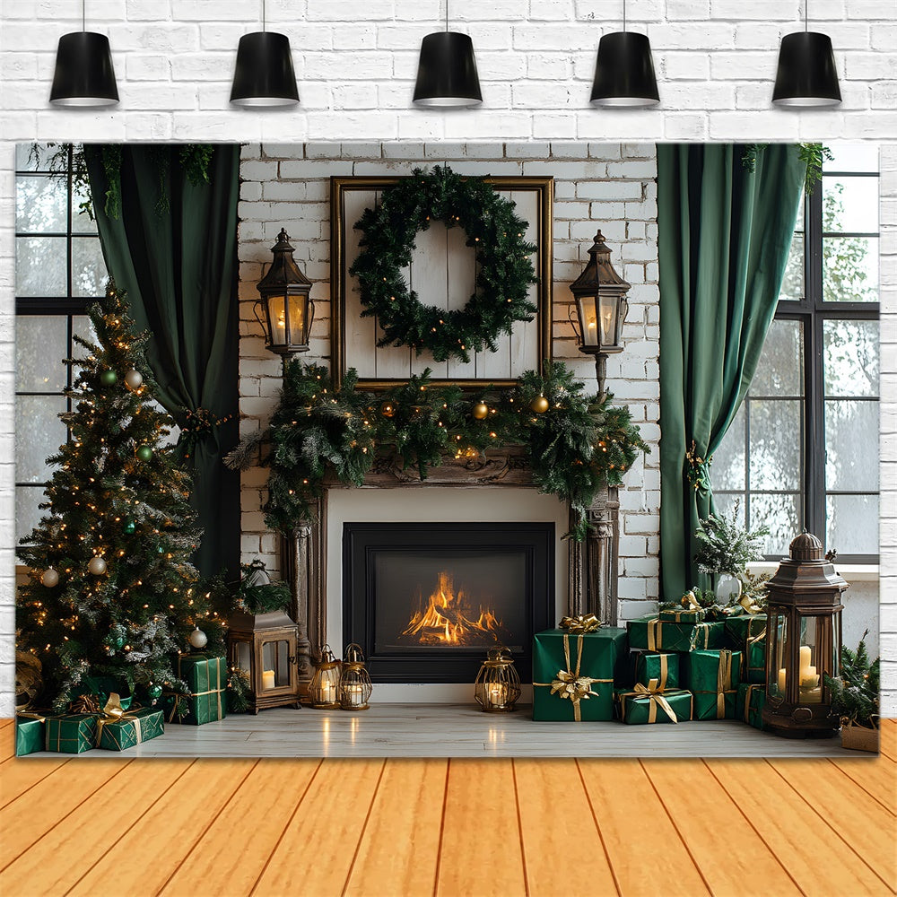 Toile de fond Fenêtre Cheminée Sapins de Noël RR8-120