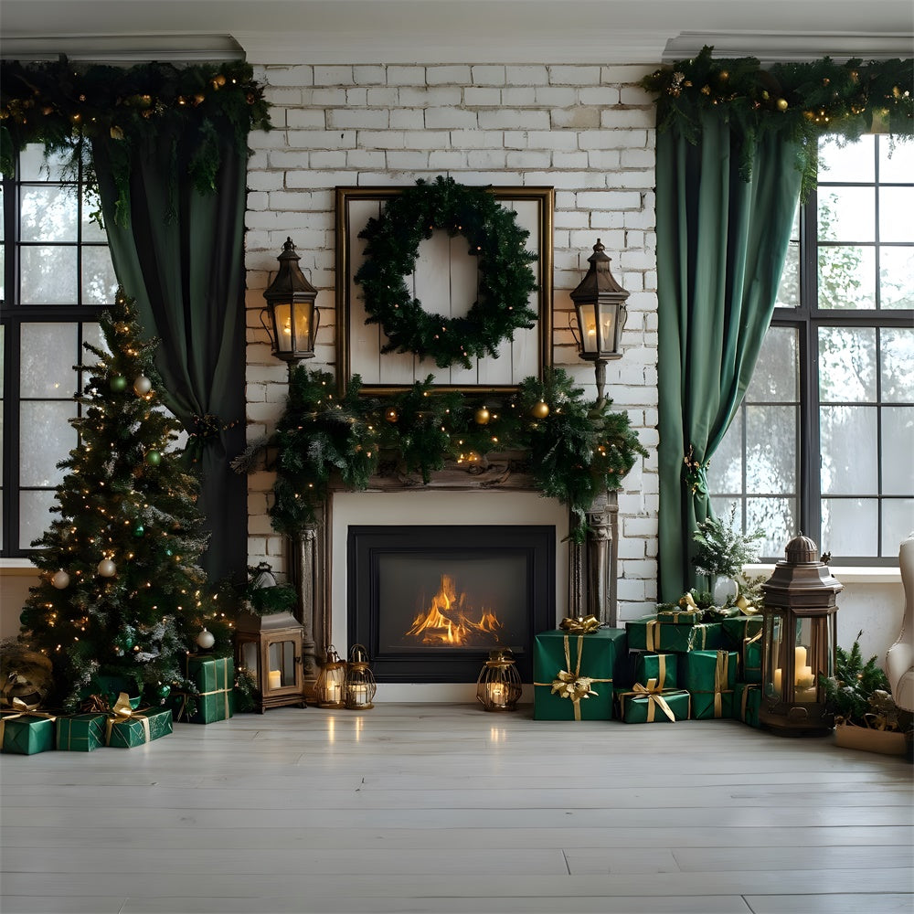 Toile de fond Fenêtre Cheminée Sapins de Noël RR8-120