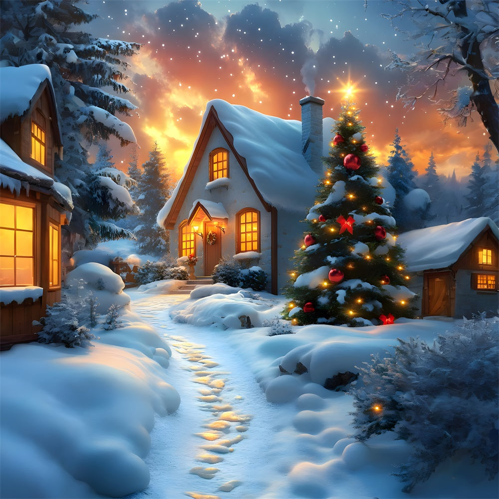 Toile de fond Nuit Etoilée Maison Enneigée de Noël RR8-122