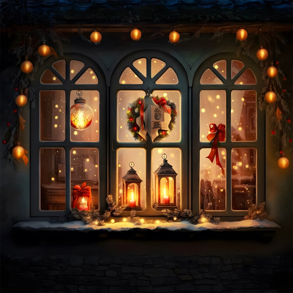 Toile de Fond de Fenêtre de Noël avec Lanternes Lumineuses RR8-137