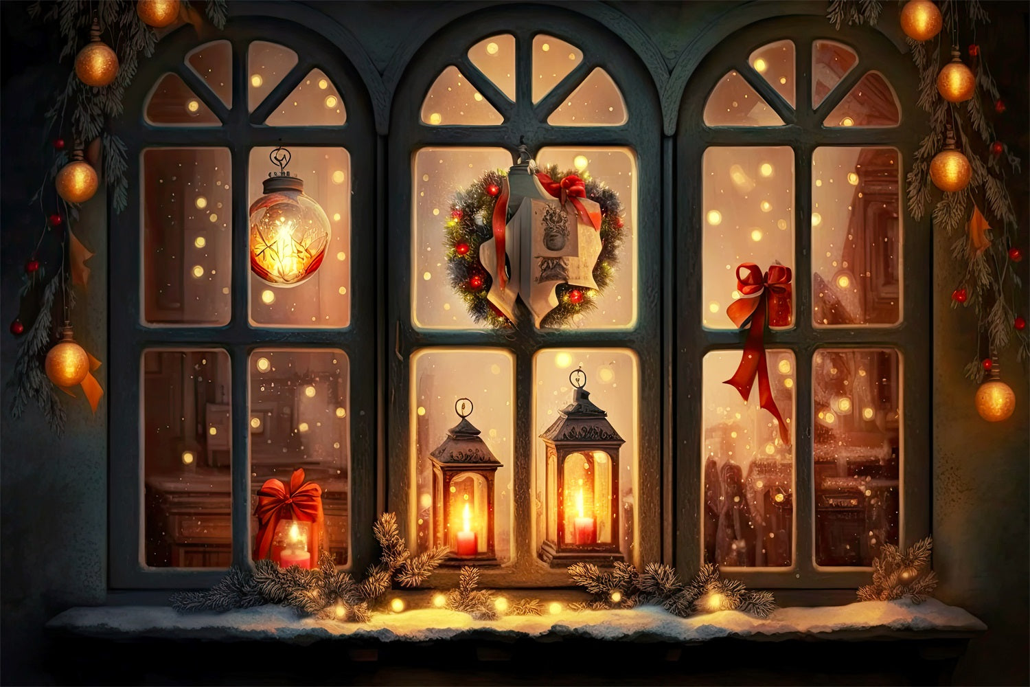 Toile de Fond de Fenêtre de Noël avec Lanternes Lumineuses RR8-137