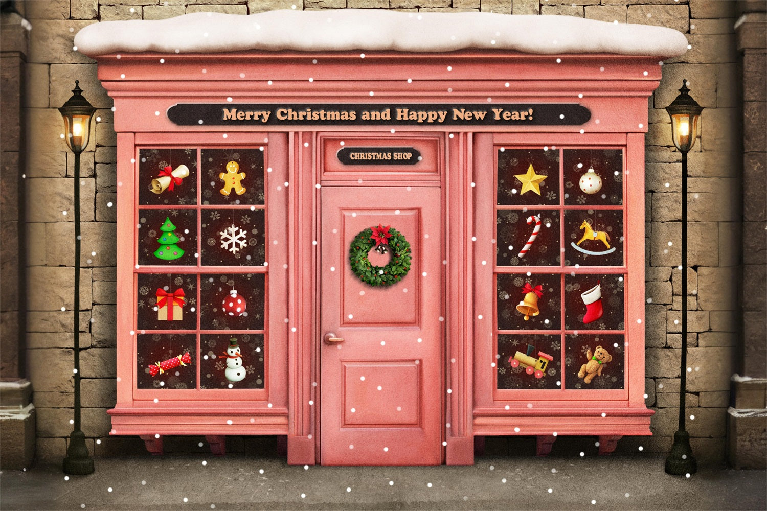 Toile de Fond Joyeuse Devanture Magasin Décorations de Noël RR8-141
