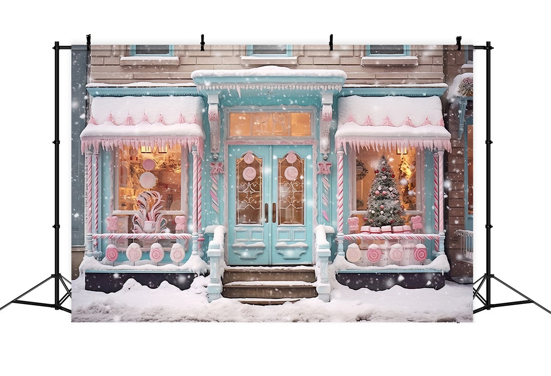 Toile de Fond de Devanture de Bonbonnière Enneigée de Noël RR8-149