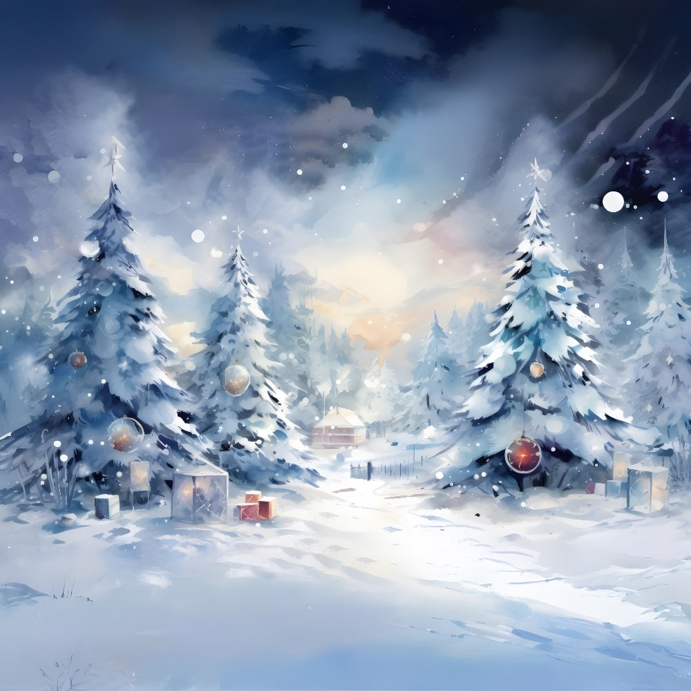 Toile de Fond Tranquille de Forêt Enneigée avec Cadeaux de Noël RR8-154