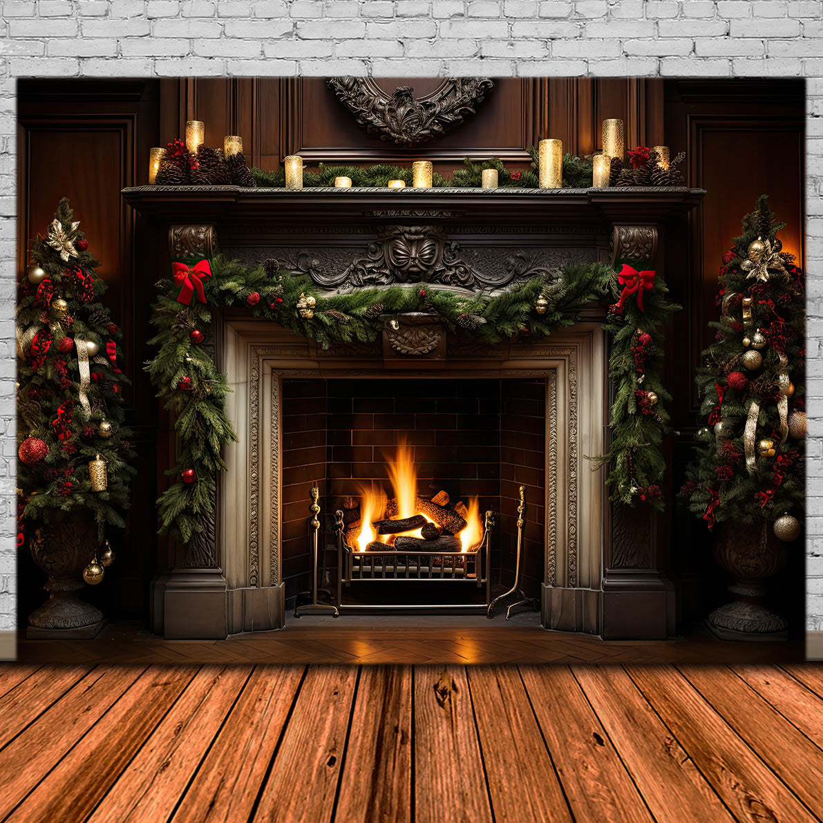 Toile de Fond Élégante de Foyer avec Guirlande de Noël RR8-158