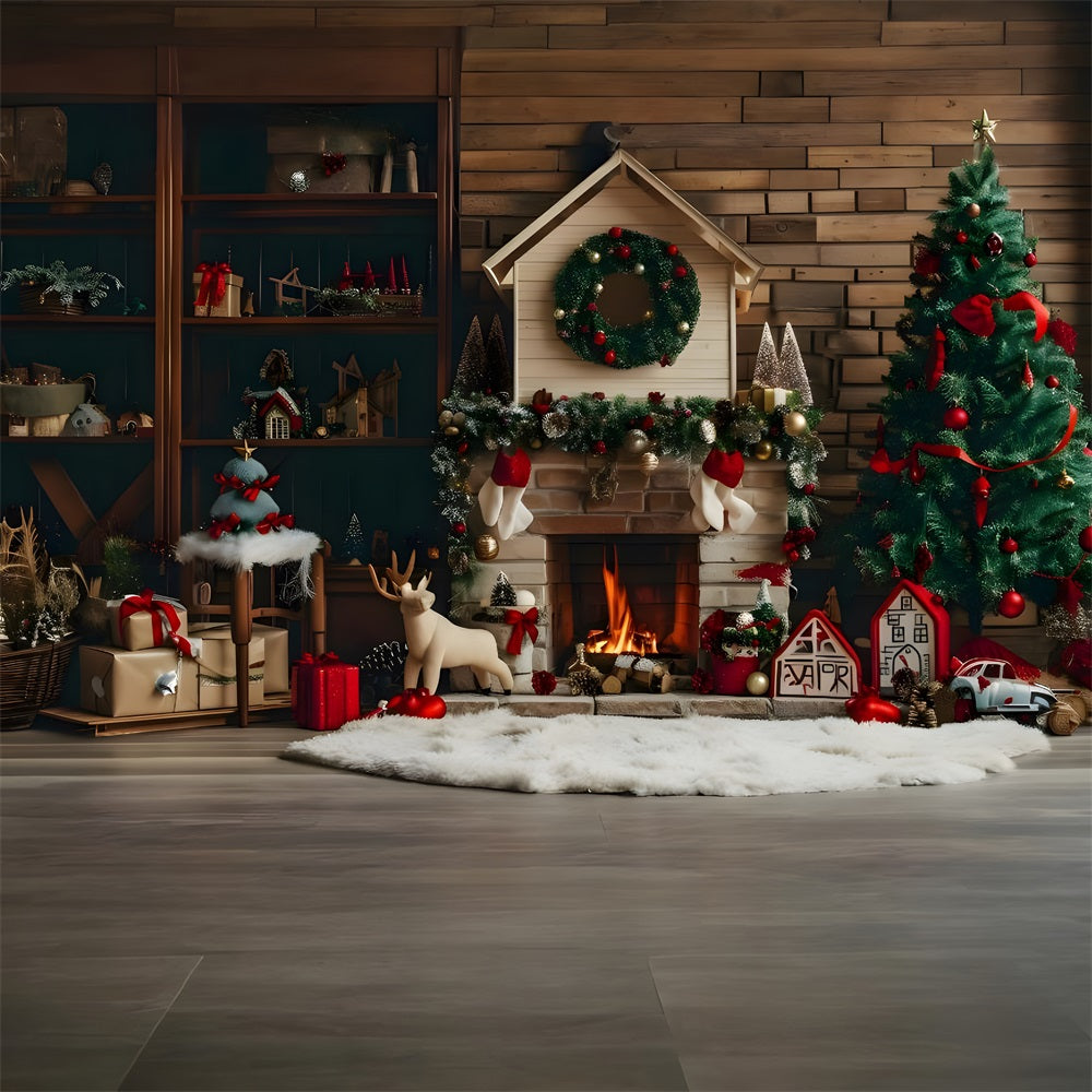 Toile de Fond de Foyer de Chalet Rustique avec Arbre de Noël RR8-167