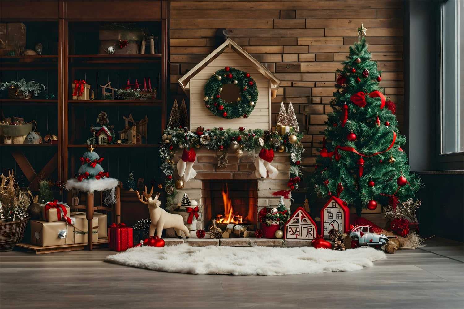 Toile de Fond de Foyer de Chalet Rustique avec Arbre de Noël RR8-167