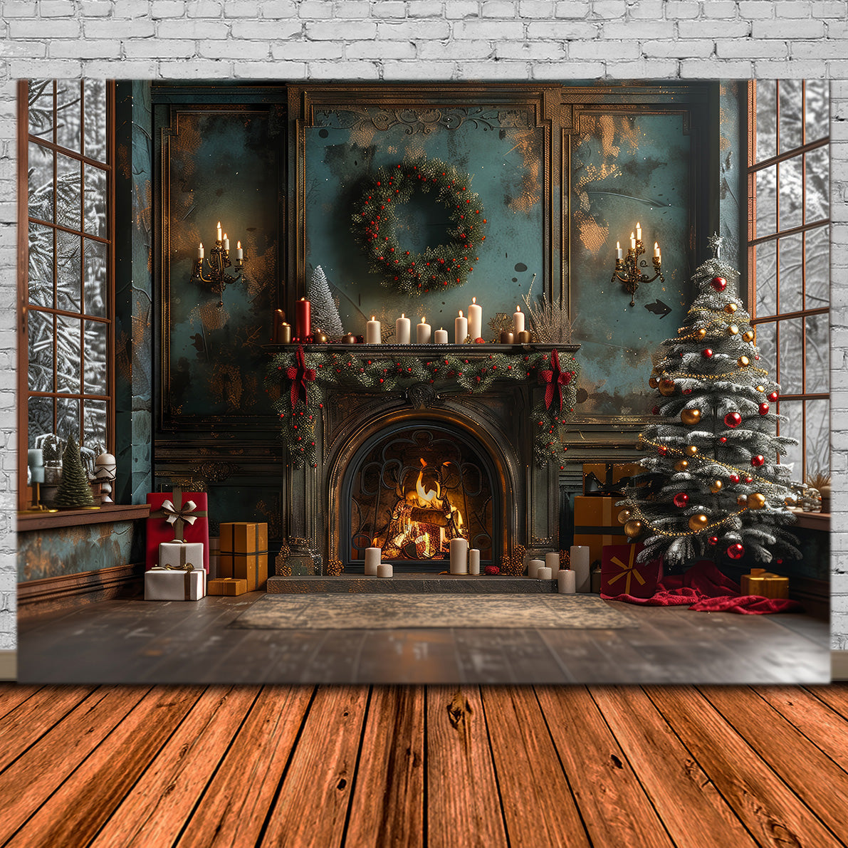 Toile de Fond de Foyer Vintage Confortable avec Arbre de Noël RR8-169