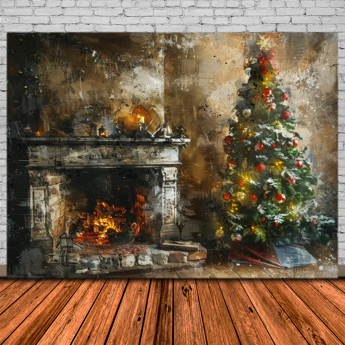 Toile de Fond Artistique et Rustique de Foyer de Noël RR8-171