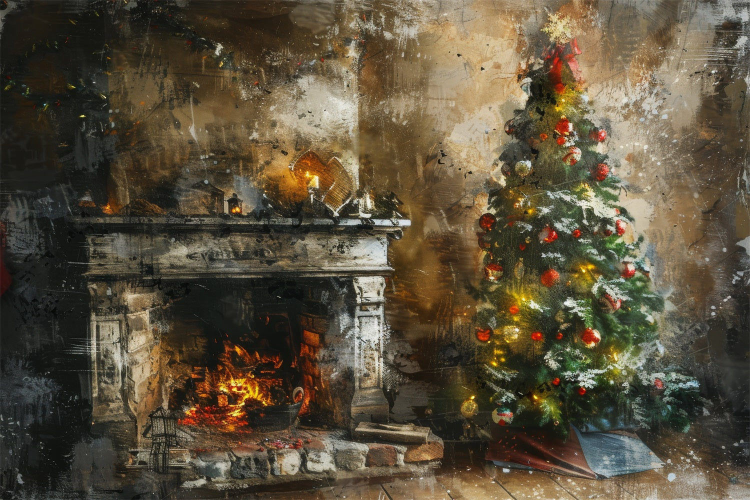 Toile de Fond Artistique et Rustique de Foyer de Noël RR8-171