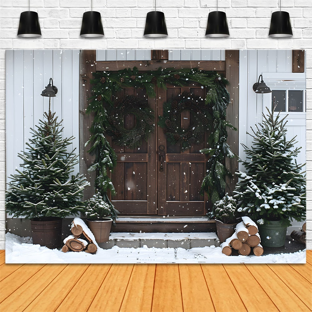Toile de fond Porte en Bois Sapins et Couronne de Noël RR8-18