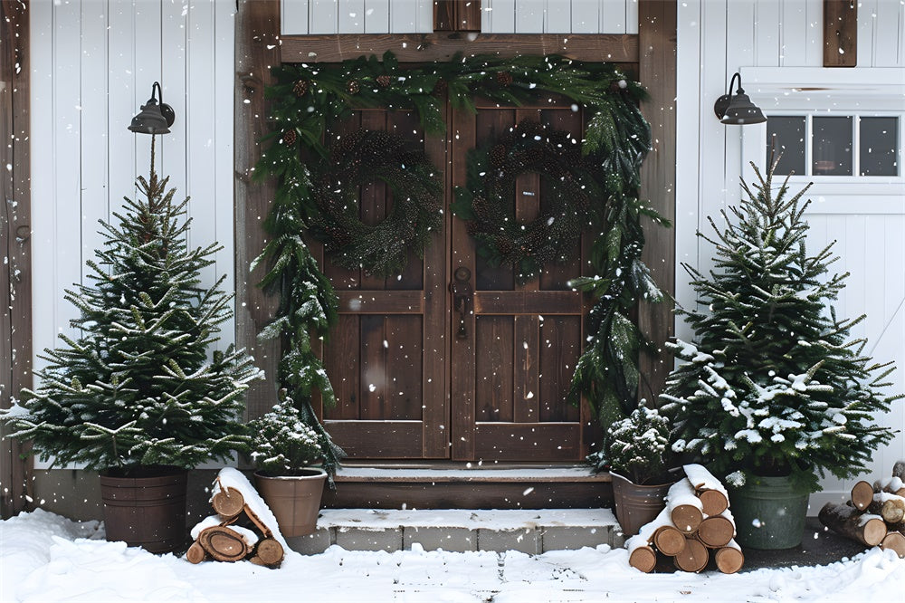 Toile de fond Porte en Bois Sapins et Couronne de Noël RR8-18
