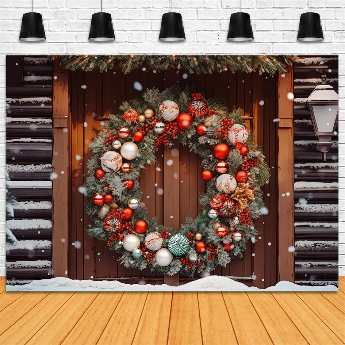 Toile de Fond Élégante de Couronne sur Porte en Bois de Noël RR8-181