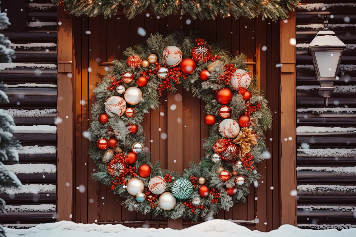 Toile de Fond Élégante de Couronne sur Porte en Bois de Noël RR8-181