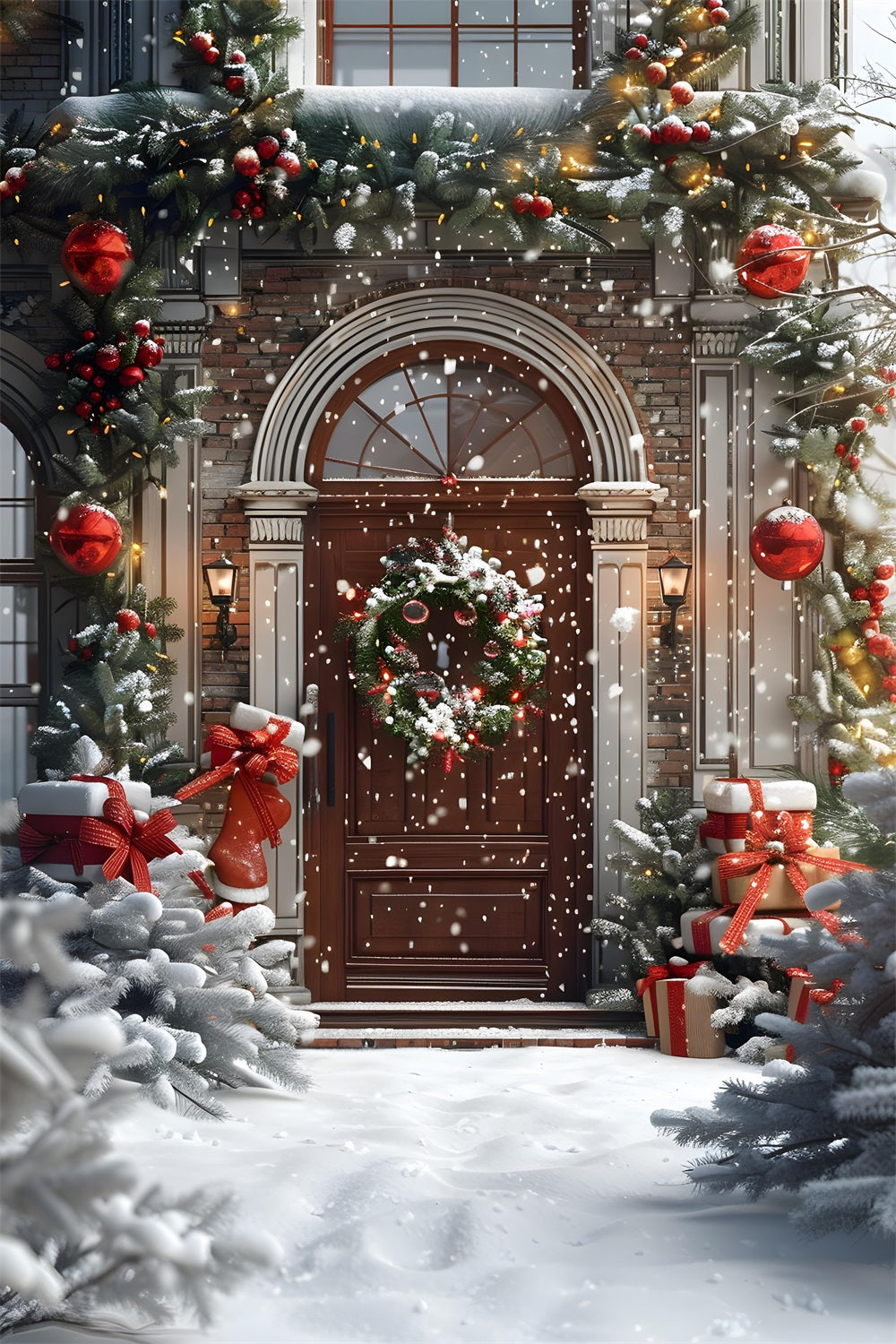 Toile de Fond d'Entrée de Maison Festive avec Cadeaux de Noël RR8-182