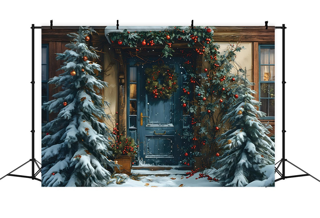 Toile de Fond de Porte Bleue Festive avec Guirlande de Noël RR8-183