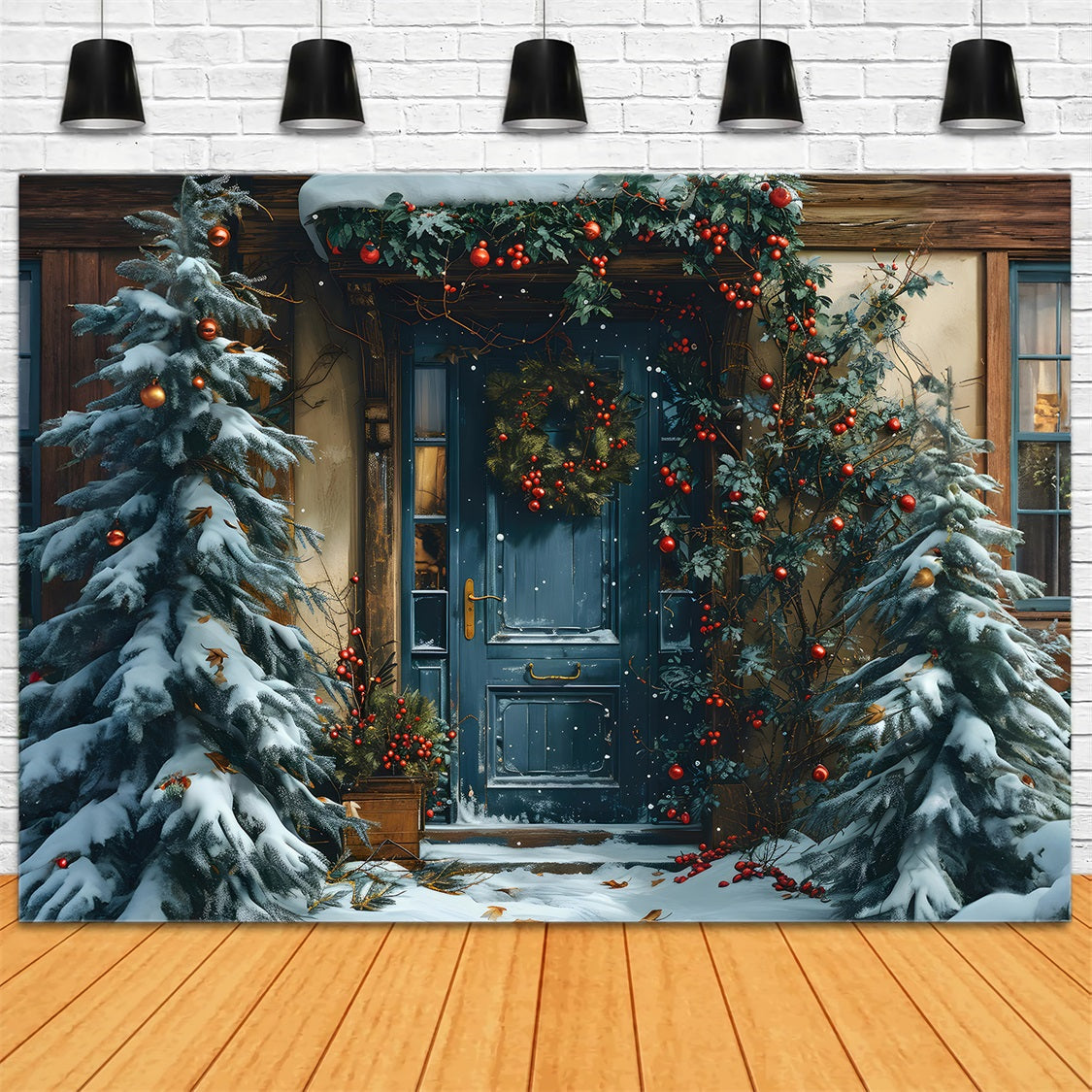Toile de Fond de Porte Bleue Festive avec Guirlande de Noël RR8-183