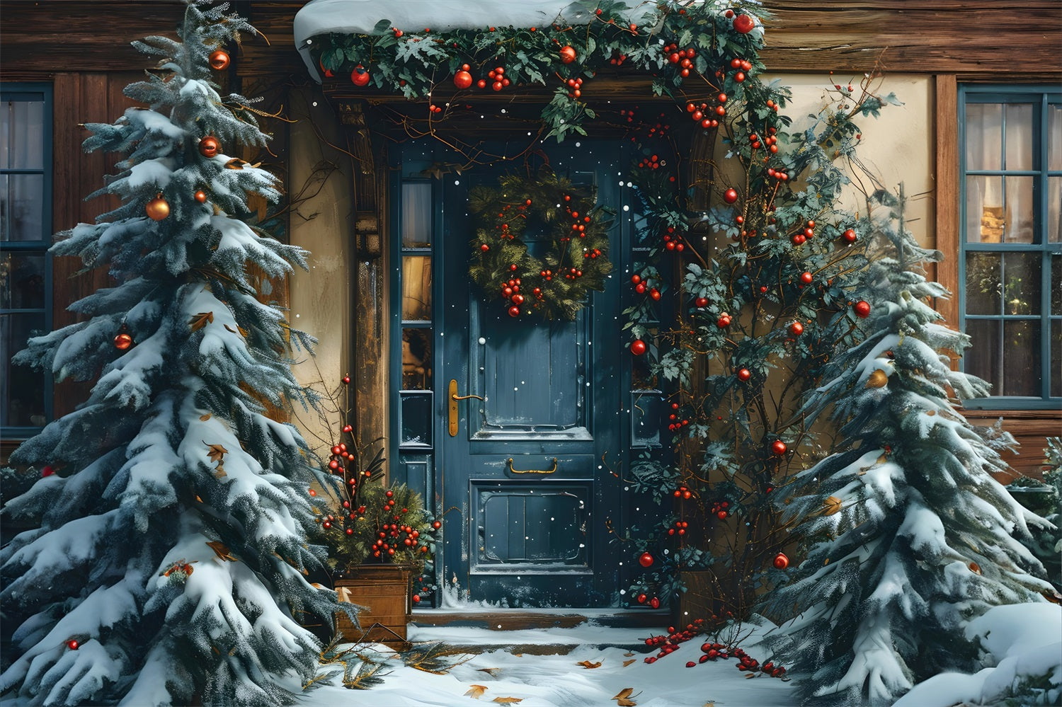Toile de Fond de Porte Bleue Festive avec Guirlande de Noël RR8-183