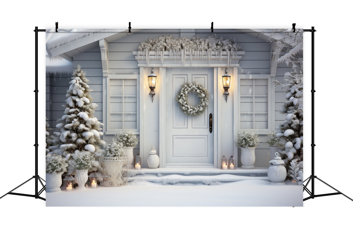 Toile de Fond de Cottage Blanc Hivernal de Noël RR8-188