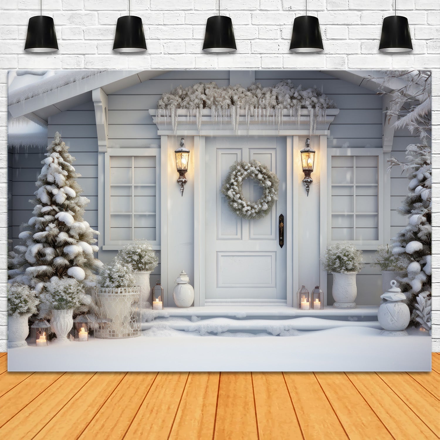 Toile de Fond de Cottage Blanc Hivernal de Noël RR8-188