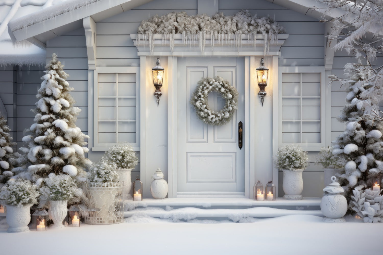 Toile de Fond de Cottage Blanc Hivernal de Noël RR8-188