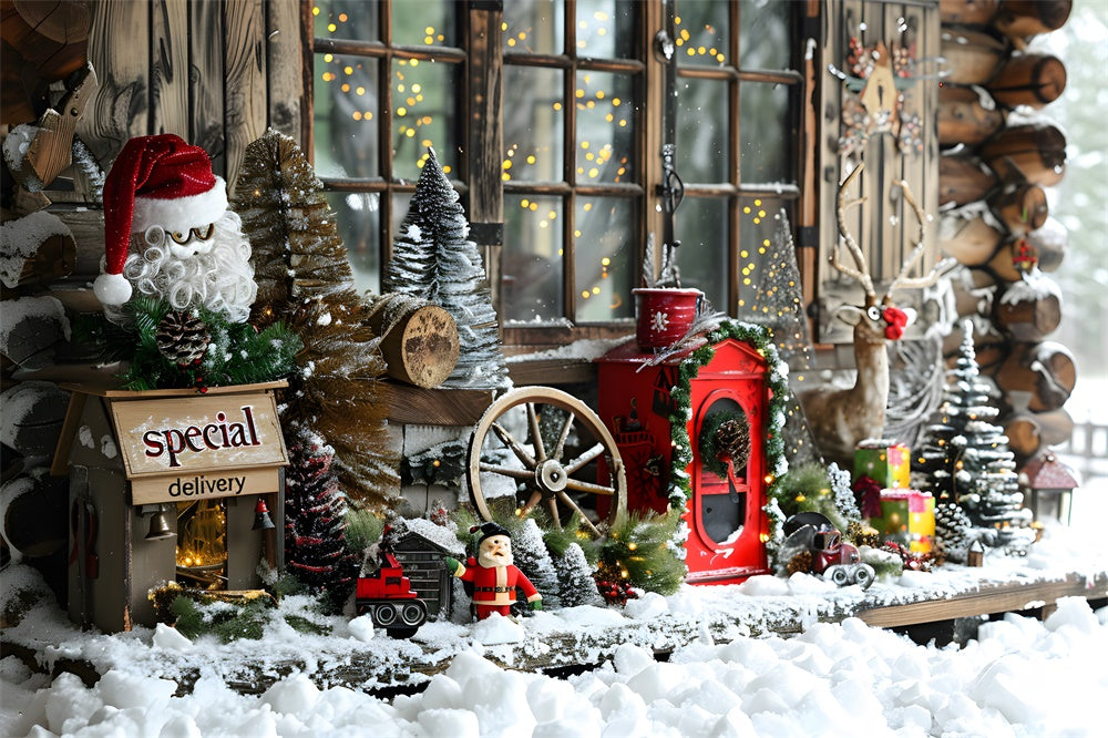 Toile de fond Maison en Bois Décorée de Neige de Noël RR8-21
