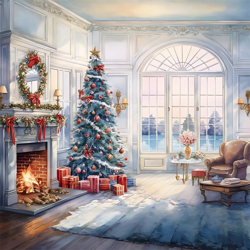 Toile de Fond Vintage de Salon Confortable avec Foyer de Noël RR8-219
