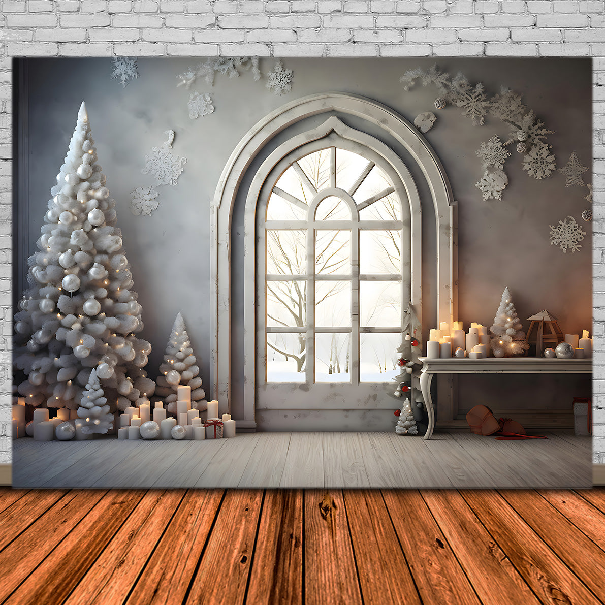Toile de Fond Simple de Fenêtre Arquée avec Flocons de Neige de Noël RR8-224