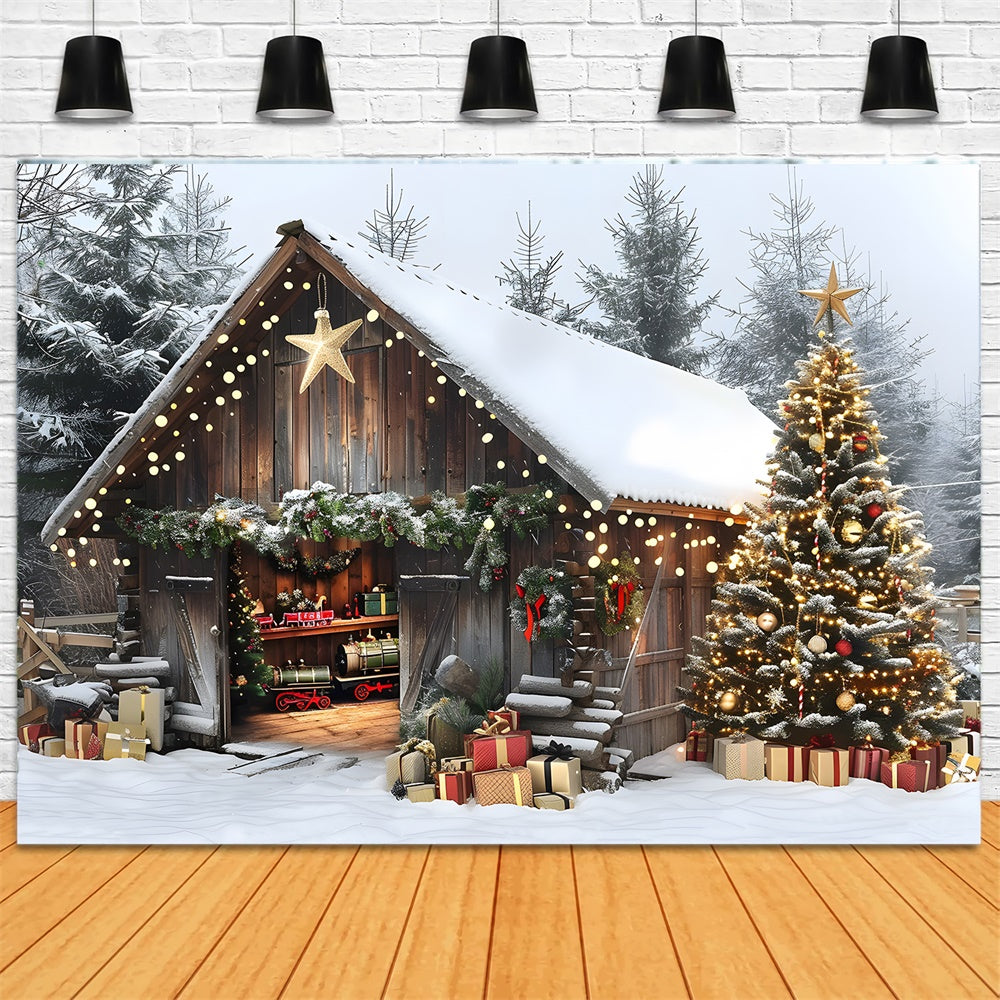 Toile de fond Maison en Bois Sapins Illuminés de Noël RR8-23
