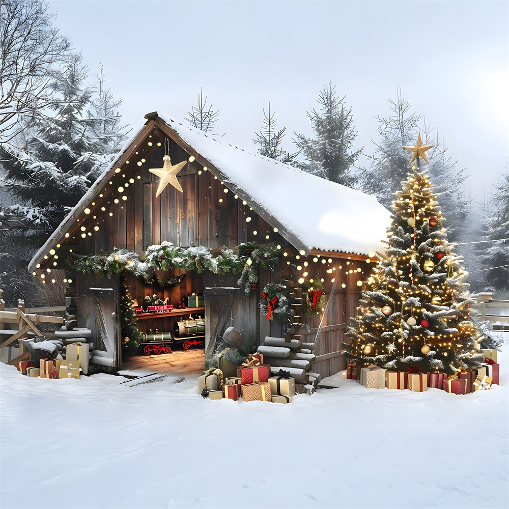 Toile de fond Maison en Bois Sapins Illuminés de Noël RR8-23