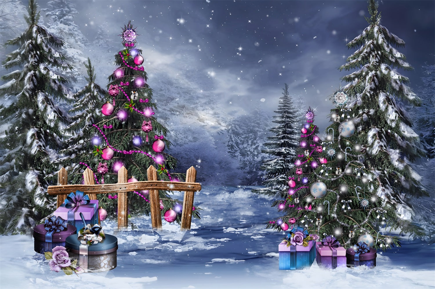 Toile de Fond de Forêt Hivernale Enchantée avec Cadeaux de Noël RR8-233