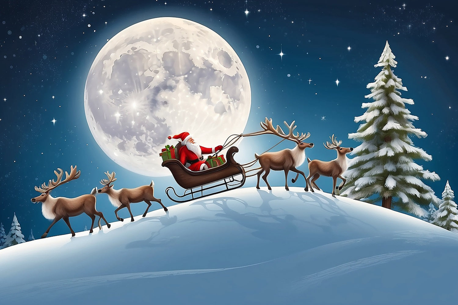Toile de Fond de Traîneau du Père Noël sous la Lune de Noël RR8-234