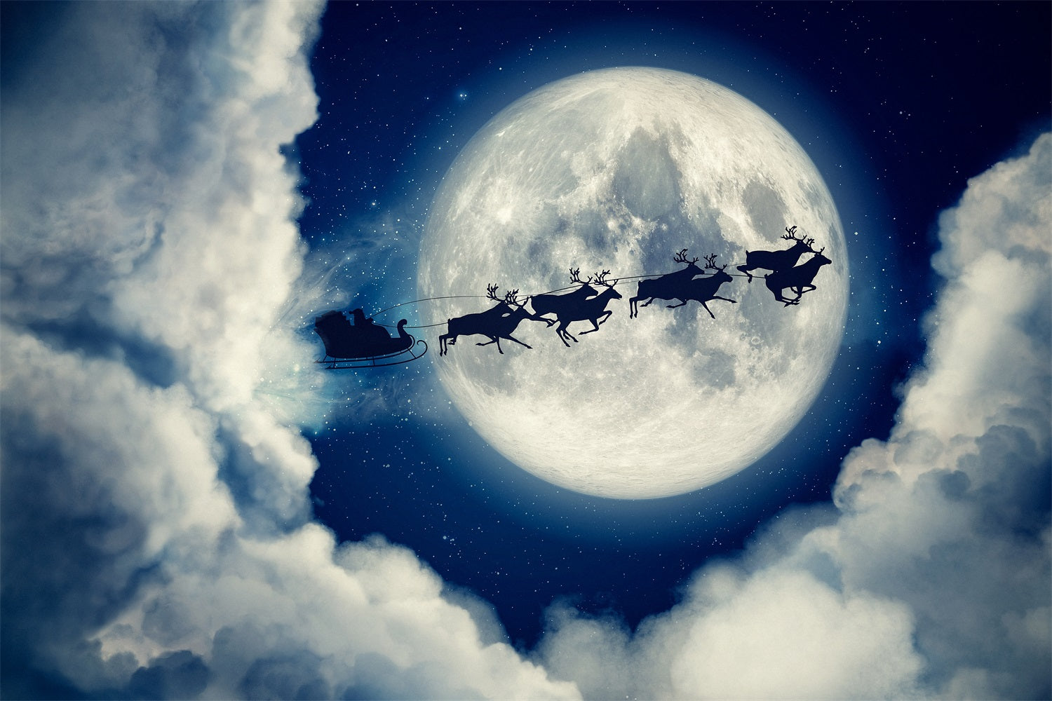 Toile de Fond de Silhouette de Traîneau du Père Noël avec Pleine Lune RR8-236
