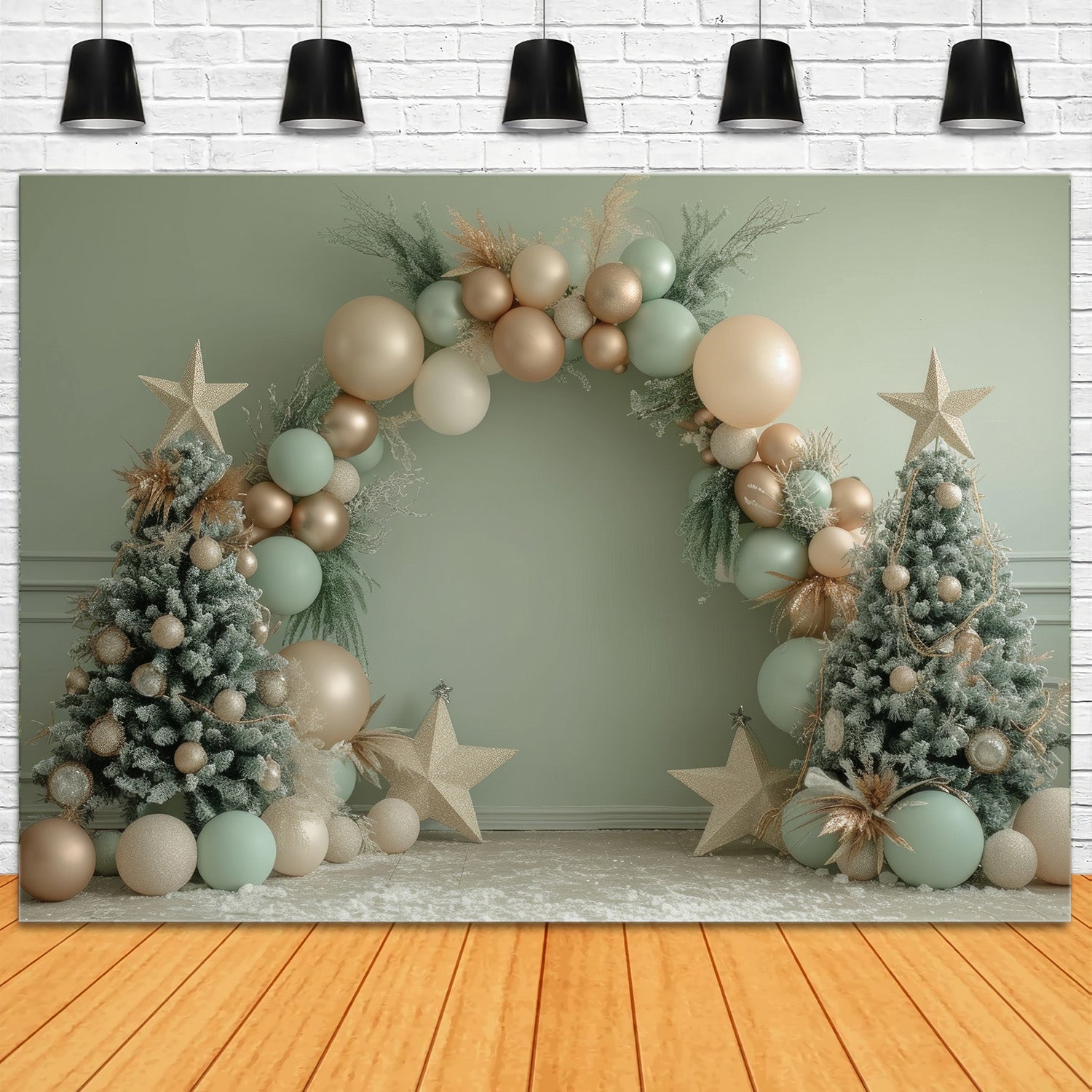 Toile de Fond Élégante d'Arche en Ballons avec Arbres de Noël RR8-243