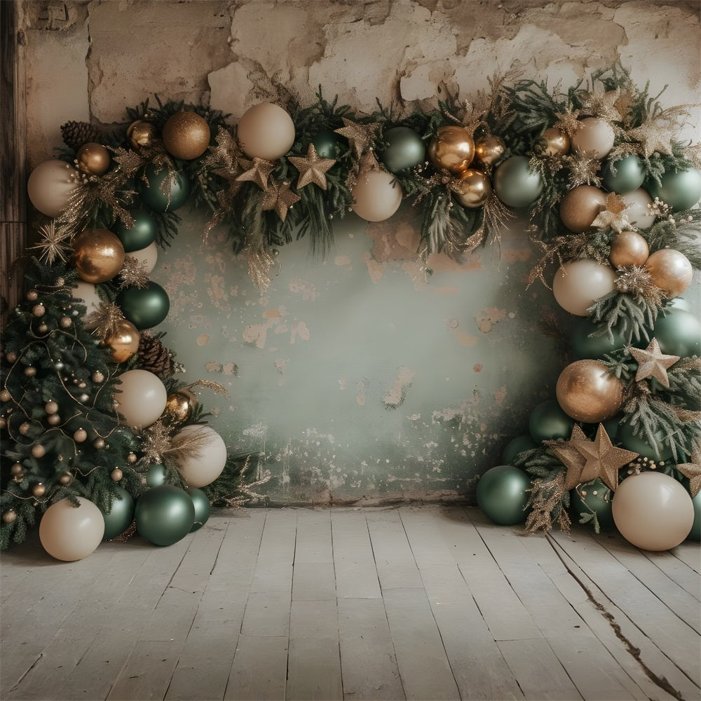 Toile de Fond Rustique avec Guirlande de Ballons et Arbre de Noël RR8-244