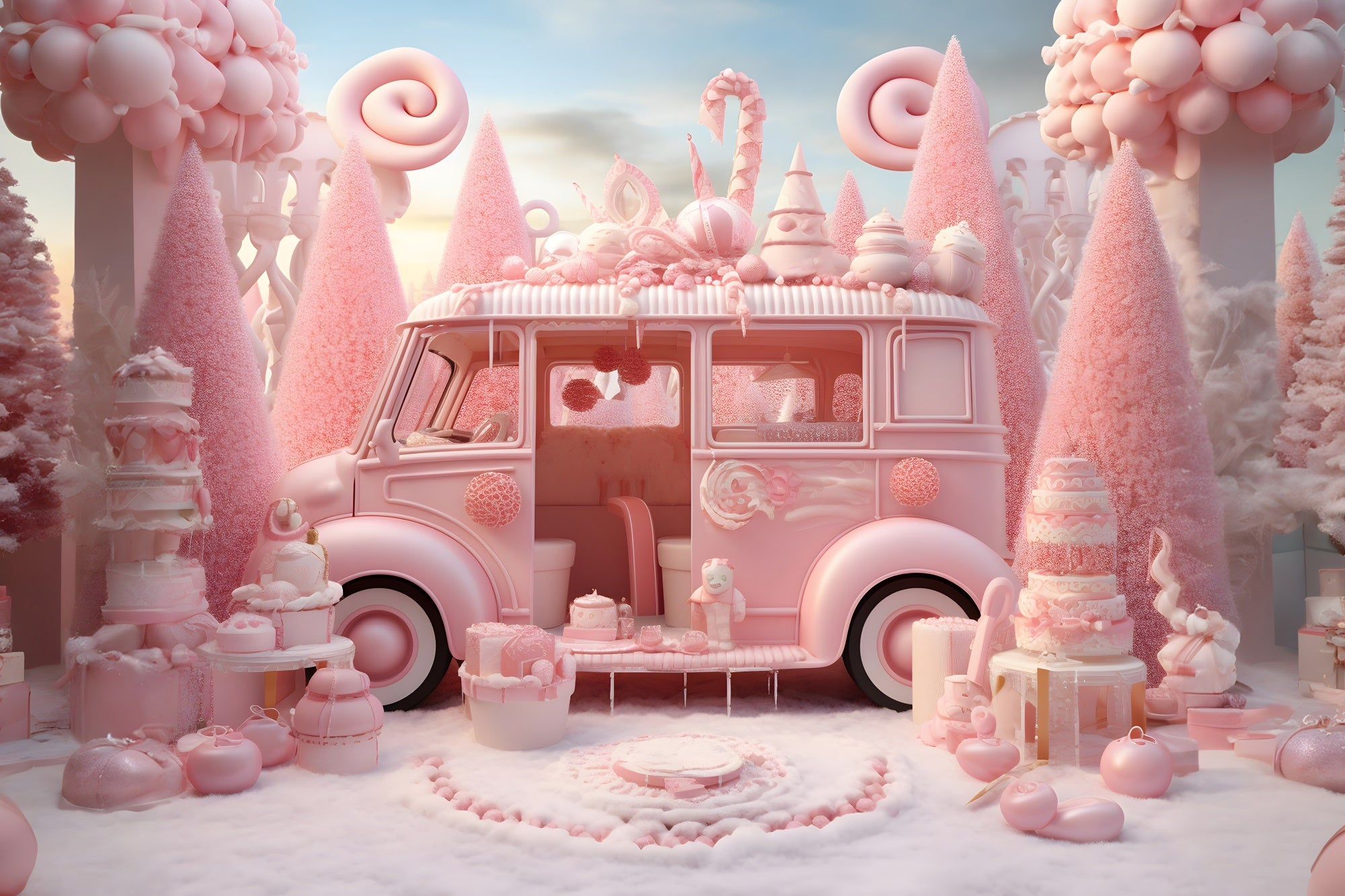 Toile de Fond de Camionnette Rose de Bonbonnière avec Douceurs de Noël RR8-245