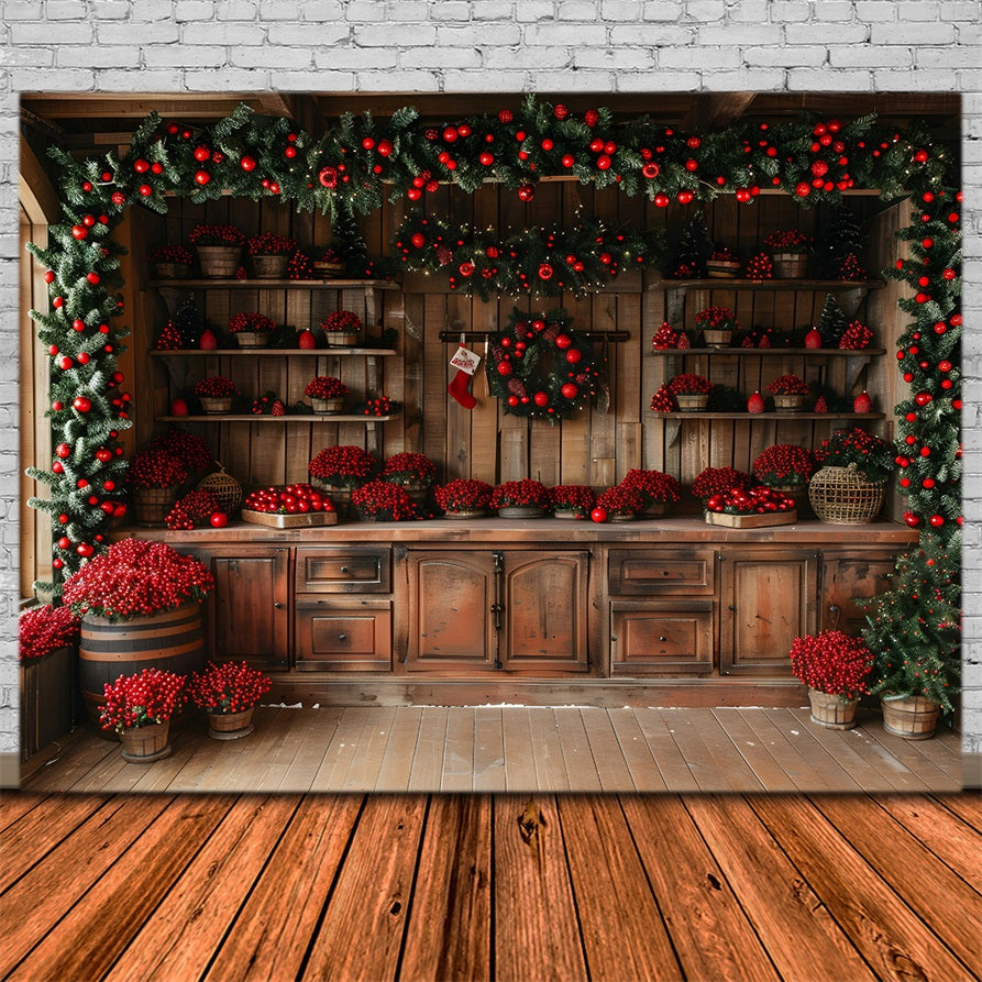 Toile de Fond de Chalet Rustique avec Baies Rouges de Noël RR8-258