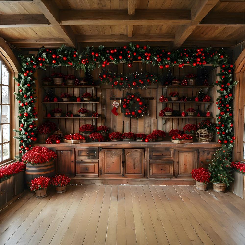 Toile de Fond de Chalet Rustique avec Baies Rouges de Noël RR8-258