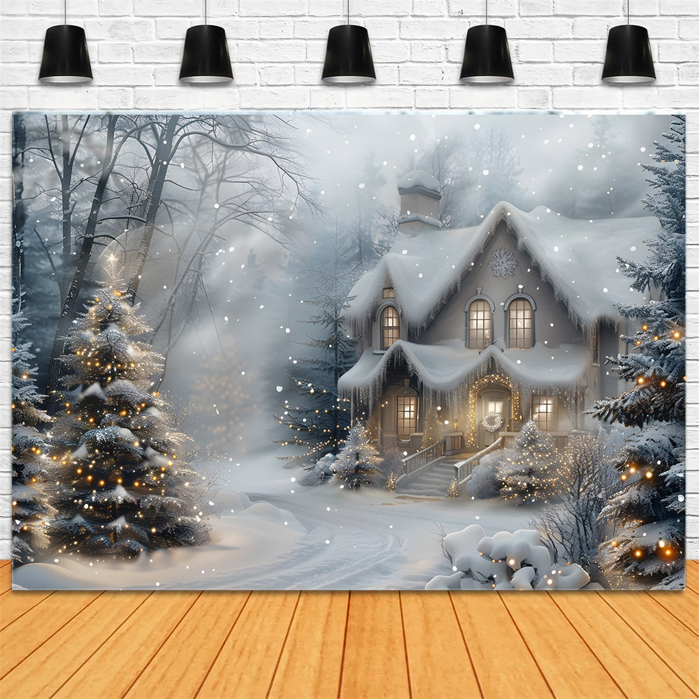 Toile de fond Maison en Forêt Neigeuse Lumières de Noël RR8-27