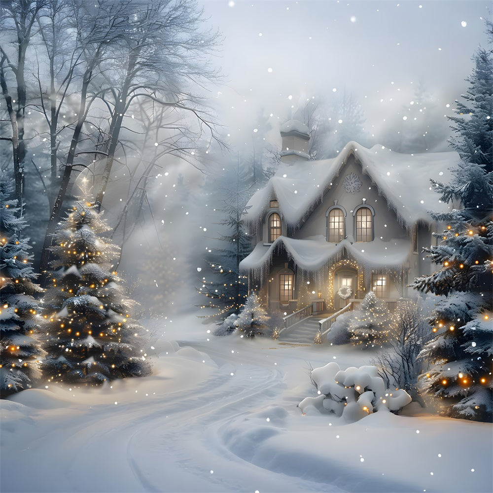 Toile de fond Maison en Forêt Neigeuse Lumières de Noël RR8-27