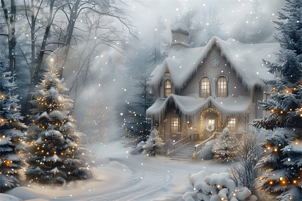 Toile de fond Maison en Forêt Neigeuse Lumières de Noël RR8-27