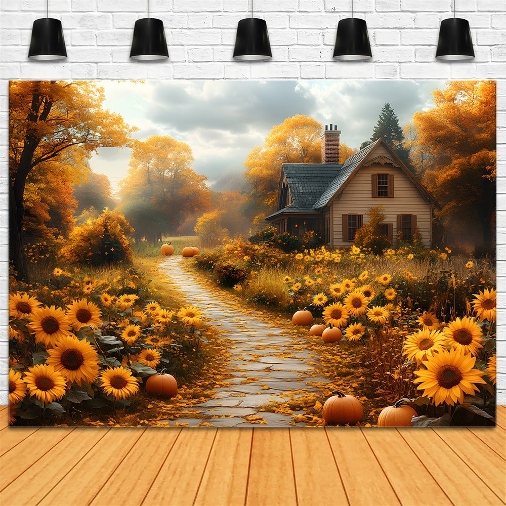 Toile de Fond Allée Bordée de Tournesols d'Automne RR8-310