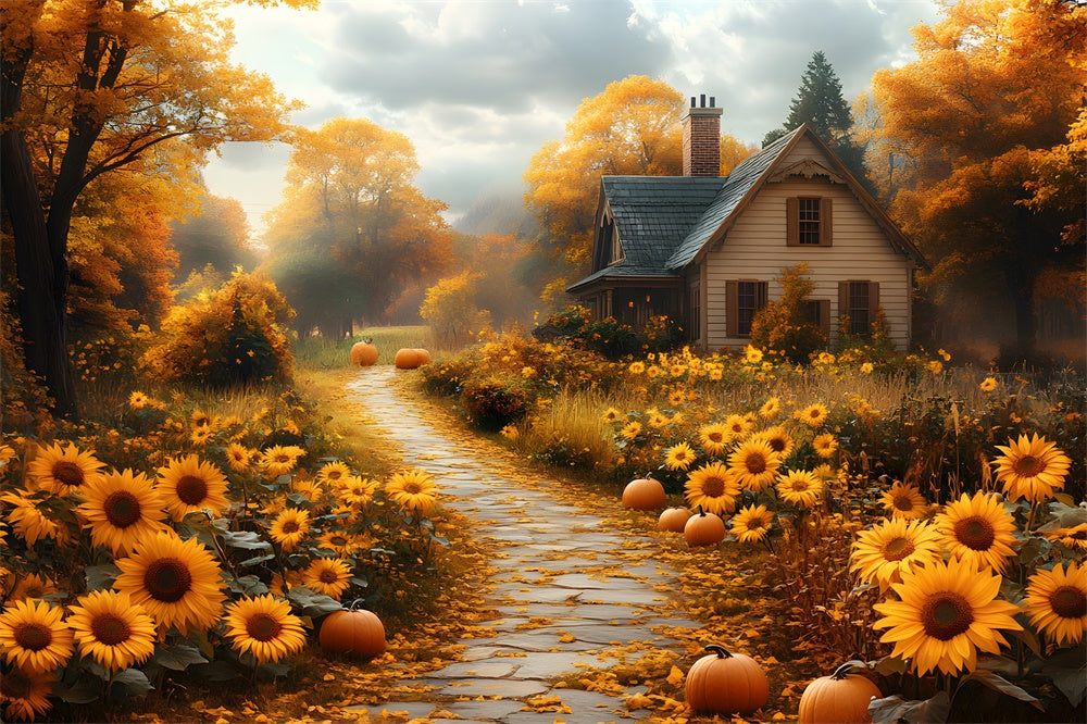 Toile de Fond Allée Bordée de Tournesols d'Automne RR8-310